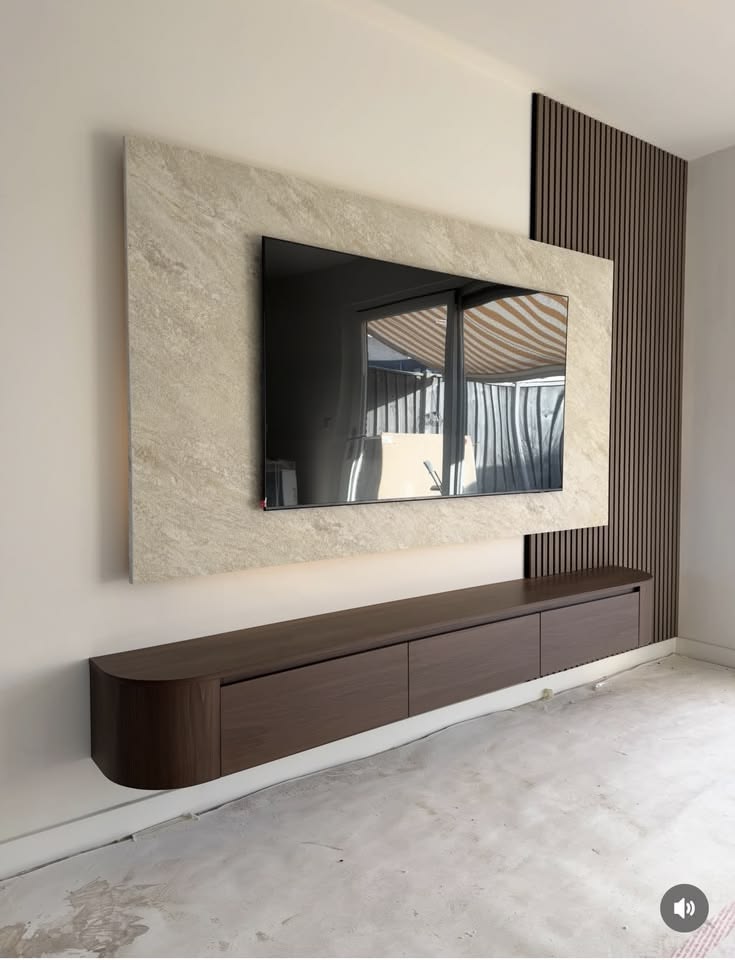 Curved Floating Console with Backlit Stone Accent