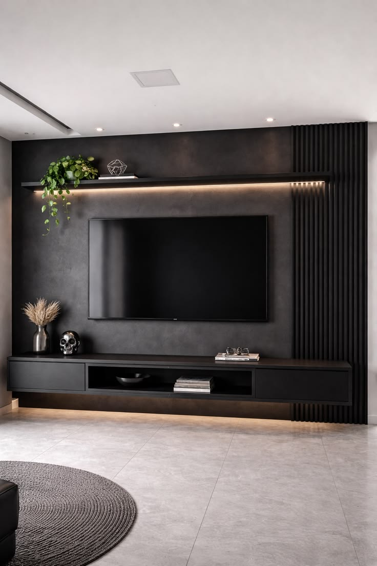 Charcoal Acoustic Slatted Media Wall with Floating Console