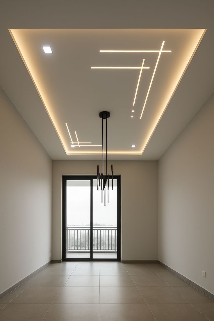 Gypsum Ceiling with Geometric Profile LED Strip and Chandelier