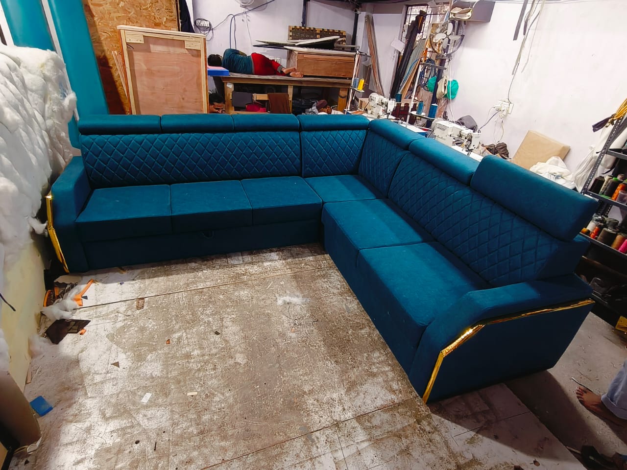 Quilted Teal L-Shape Sofa with Gold Legs
